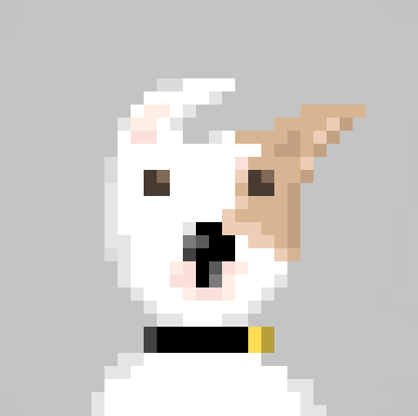 pixel art of little tan and white dog